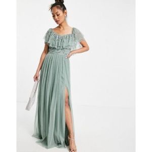 ASOS Green Sage Embellished Sequin Maxi Tulle Dress - Size 4 - Cold Shoulder